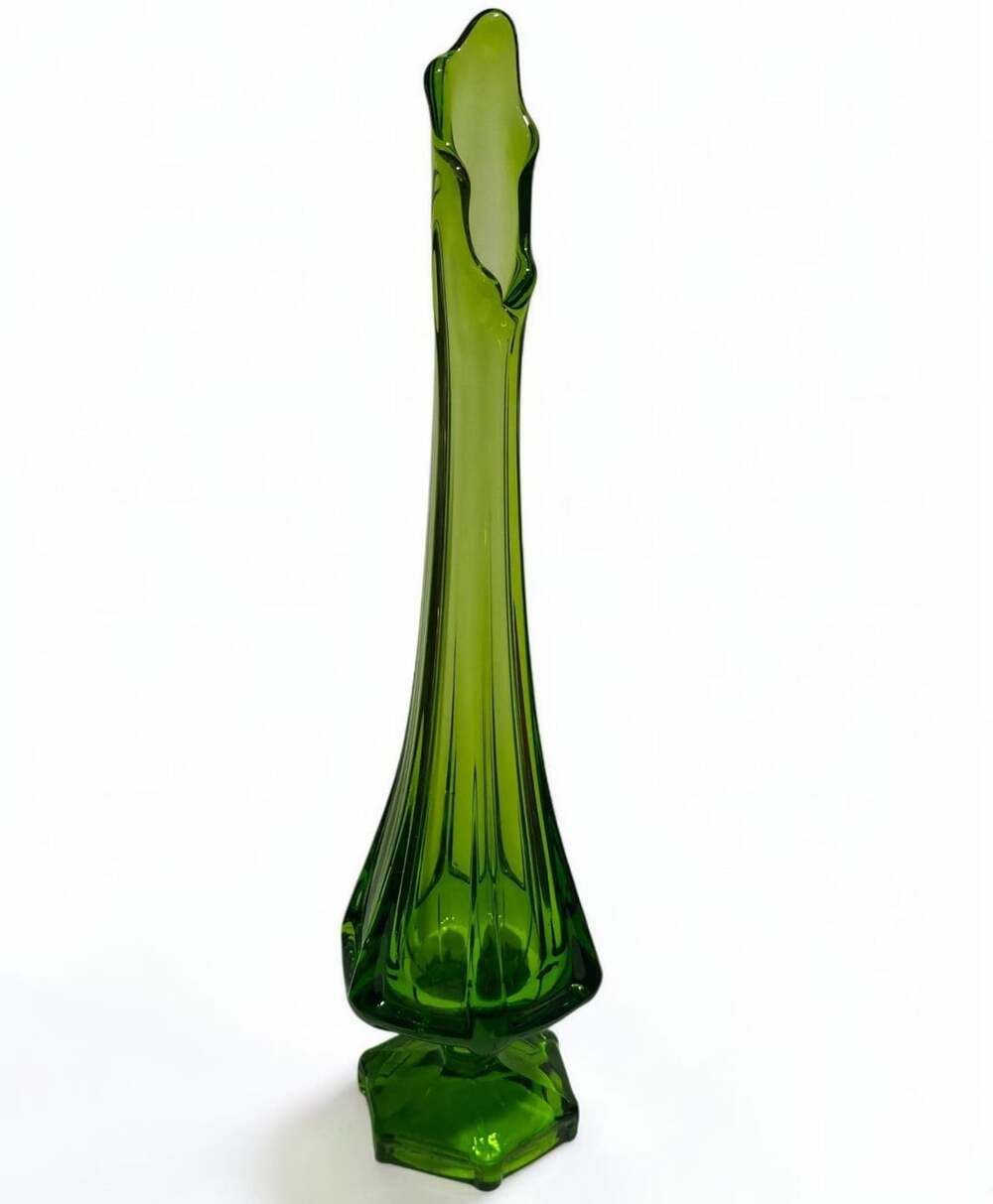 Viking Glass Epic Column Ribbed Swung Vase Avocado Green MCM 13.5"